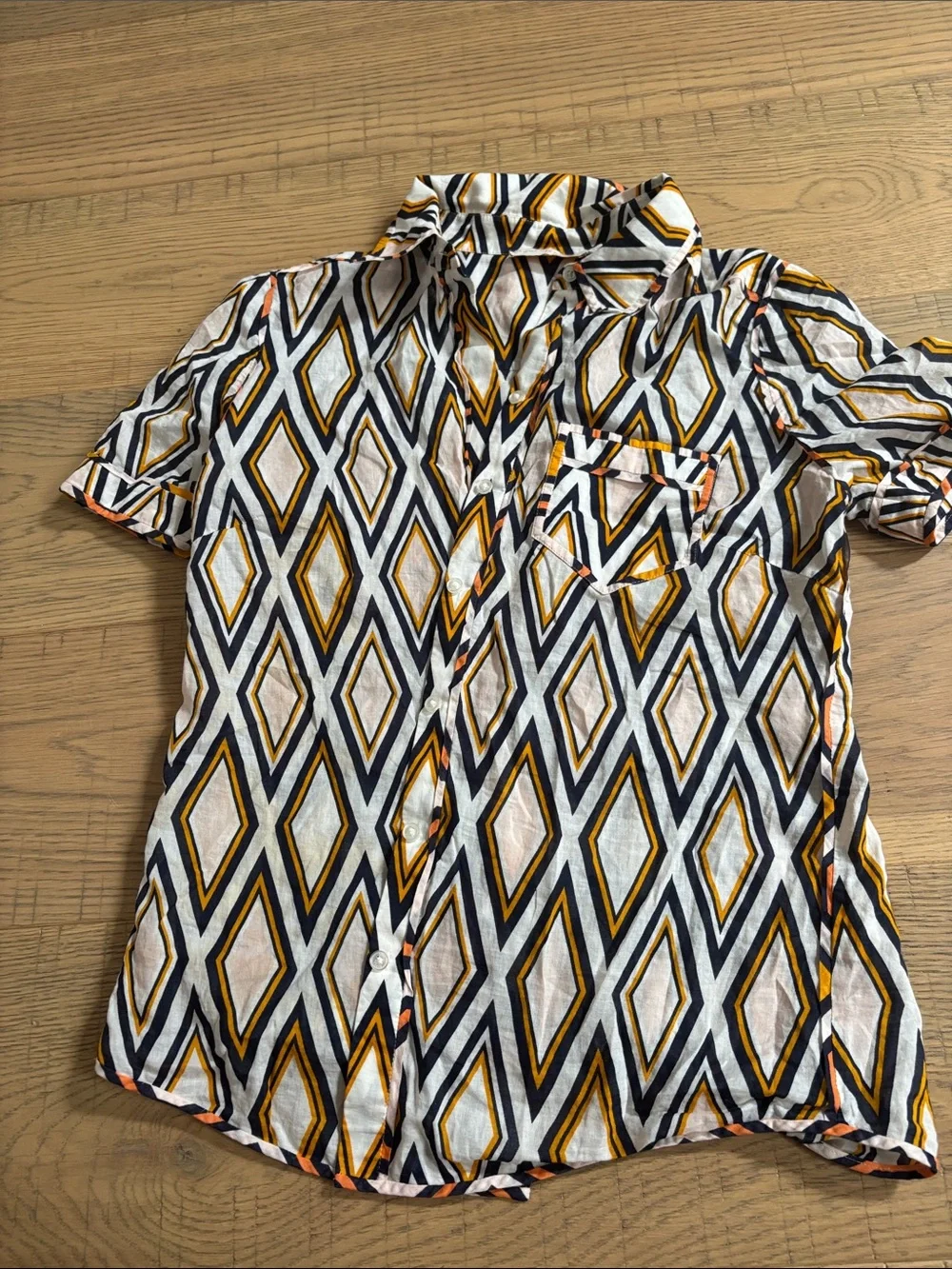 Tory Burch Short-Sleeve Diamond Print Button-Down - White, Gold & deep blue